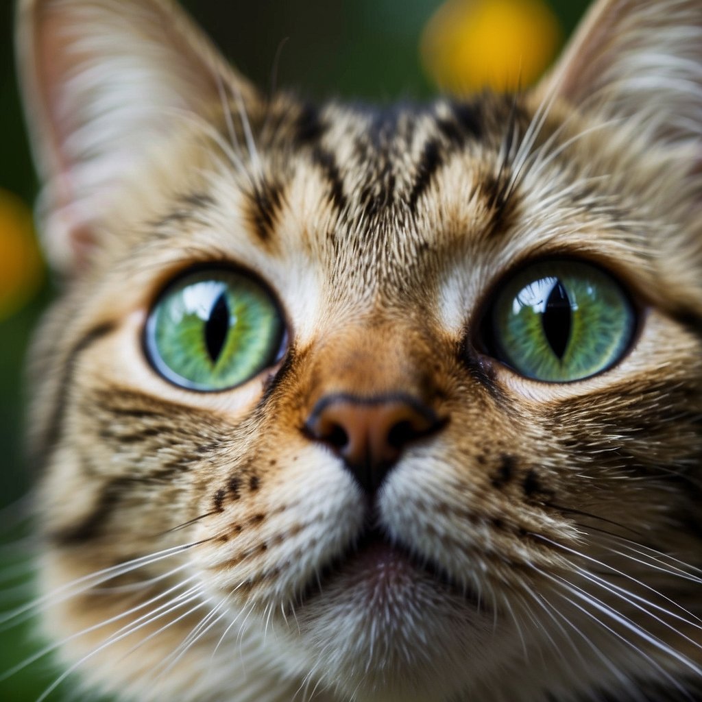 A close-up of a cat's eyes, with dilated pupils and vibrant colors, gazing intently at a small bird perched on a branch