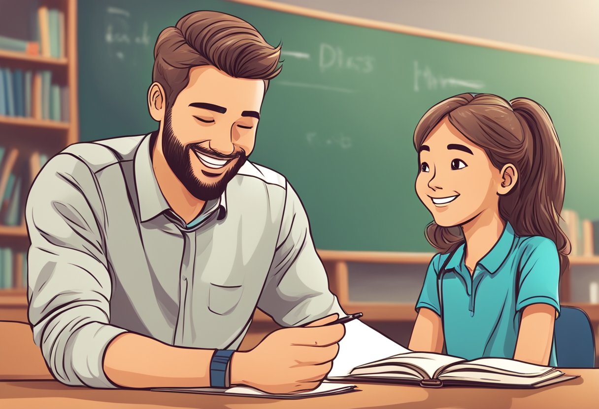 A student receives praise from a teacher, smiling and motivated to continue learning