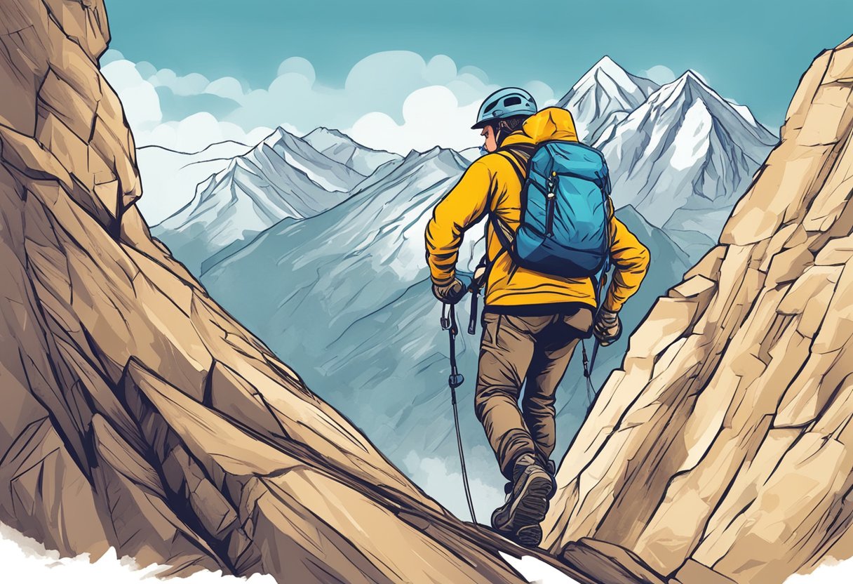 A mountain climber overcoming obstacles with determination. Encouraging words fuel their drive