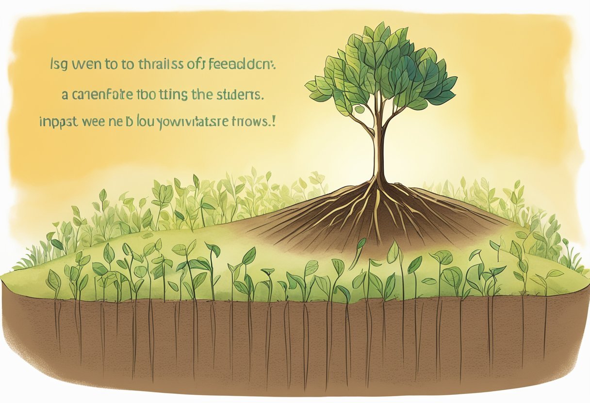 A seedling grows tall in sunlight, surrounded by encouraging words. A shadow looms over, representing the potential impact of praise and feedback on student motivation