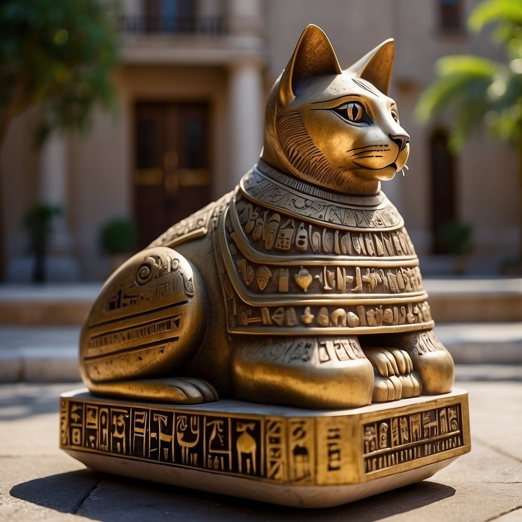 An ancient Egyptian cat sculpture stands tall, adorned with intricate hieroglyphics and symbols representing the revered status of cats in society