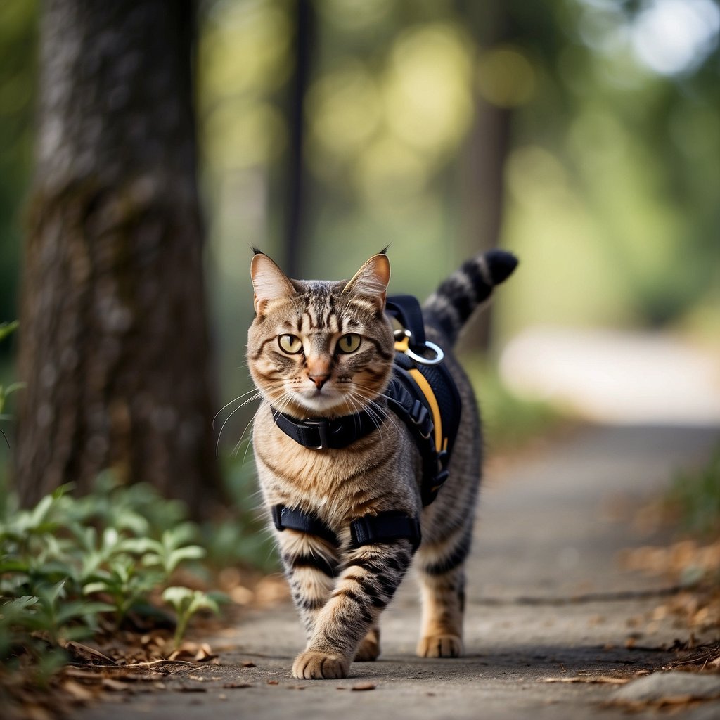 A cat wearing a harness and leash, walking confidently outside.</p><p>The cat is exploring its surroundings with curiosity and independence