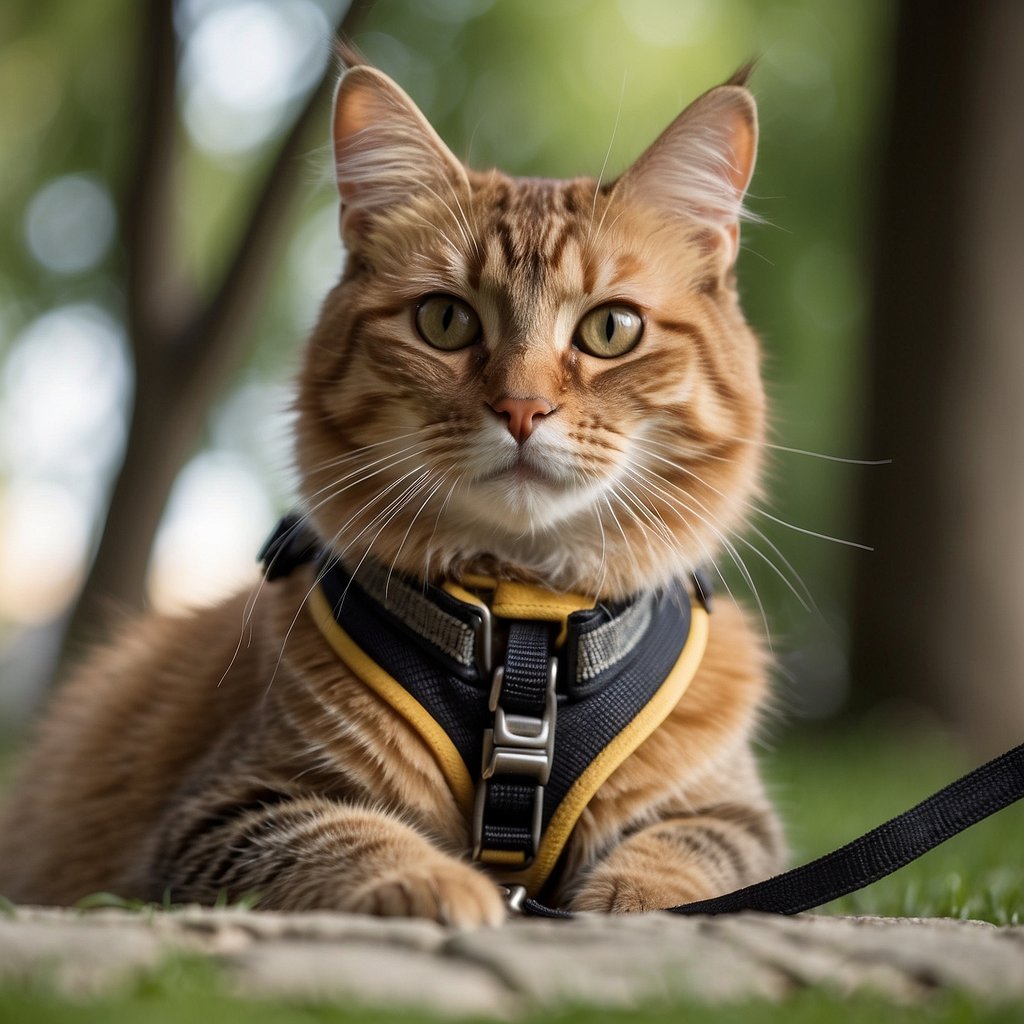 A cat wearing a harness and leash sits comfortably in a sunny, grassy area.</p><p>The cat looks relaxed and content, with its tail held high