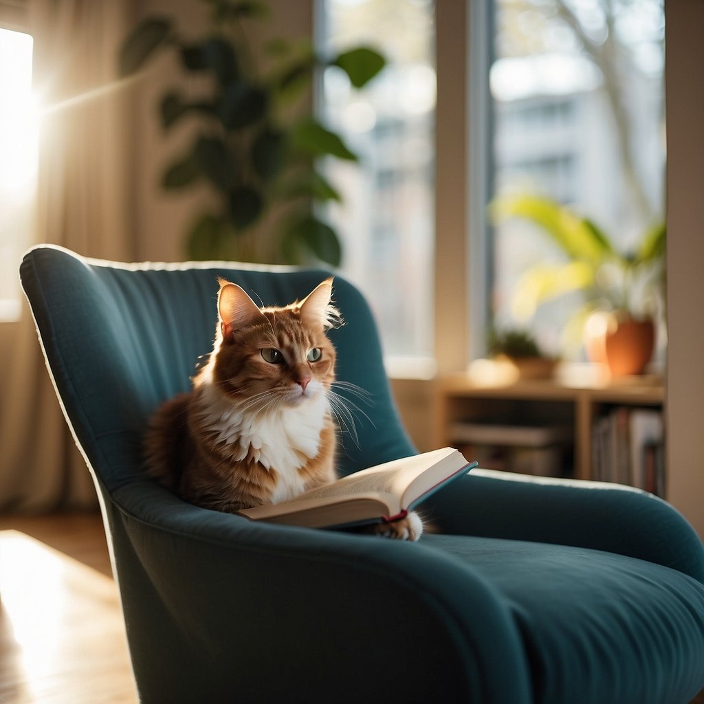 A cozy living room with a sunlit window, a content cat curled up on a cushioned chair, and a relaxed owner reading a book