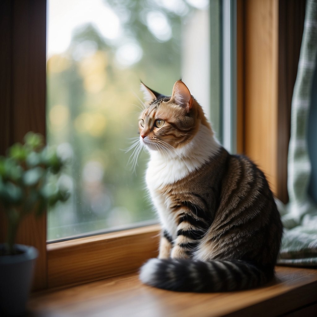 A cat sits peacefully by an open window, surrounded by safety measures such as a secure screen and a cozy bed.</p><p>The scene exudes a sense of calm and contentment, emphasizing the positive mental health benefits of cat ownership