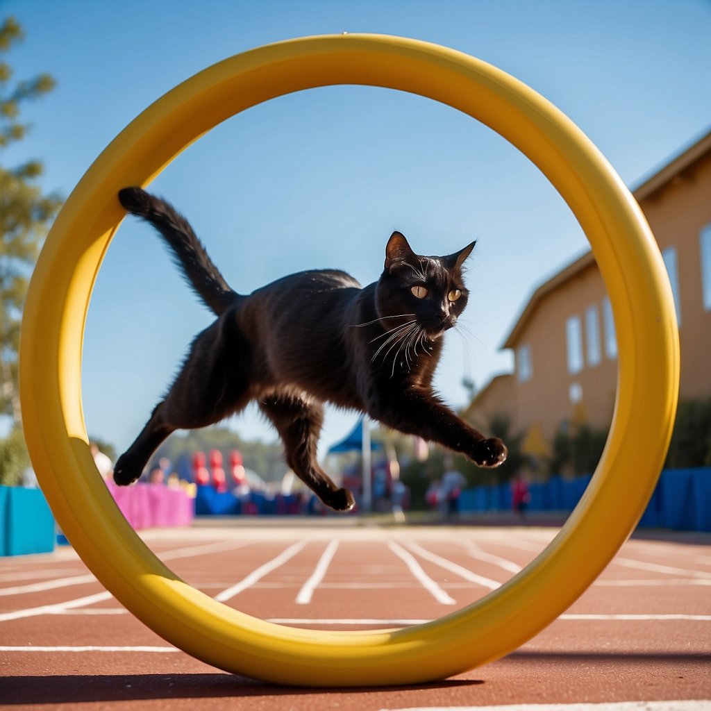 A sleek black cat gracefully leaps through a hoop, while another agile feline dashes through an obstacle course.</p><p>The audience cheers as the cats showcase their speed and agility in the competitive arena