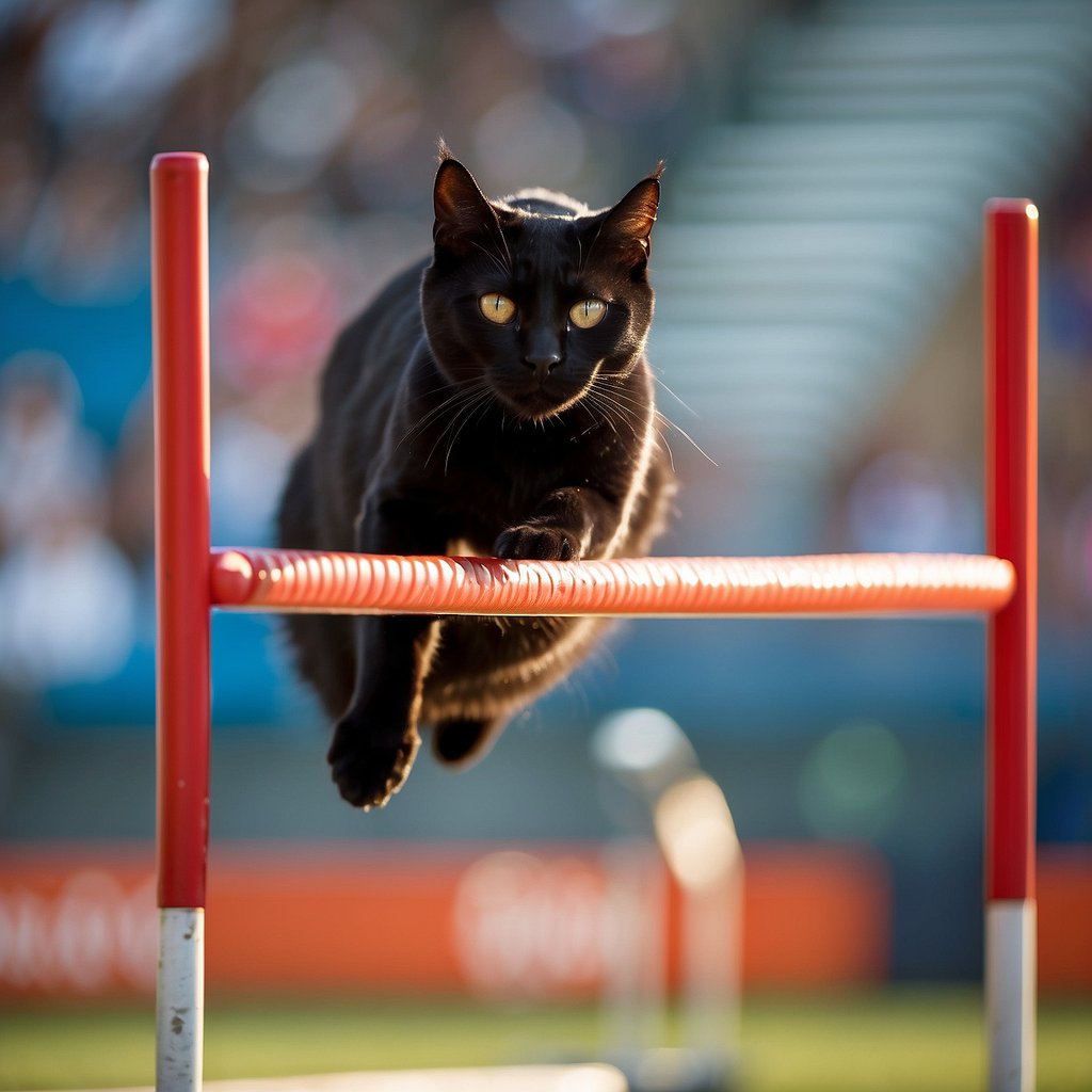 A sleek black cat gracefully leaps over hurdles in a brightly lit arena, showcasing the evolution of feline agility in cat sports and competitions