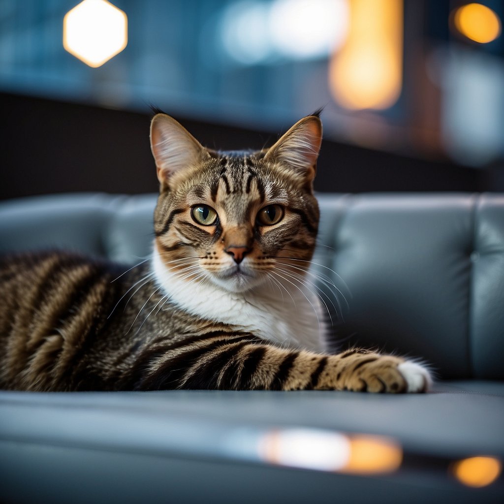 A sleek domestic cat lounges on a modern sofa, surrounded by futuristic technology and urban cityscape.</p><p>The cat's expression is curious and alert, reflecting the ongoing evolution of its species