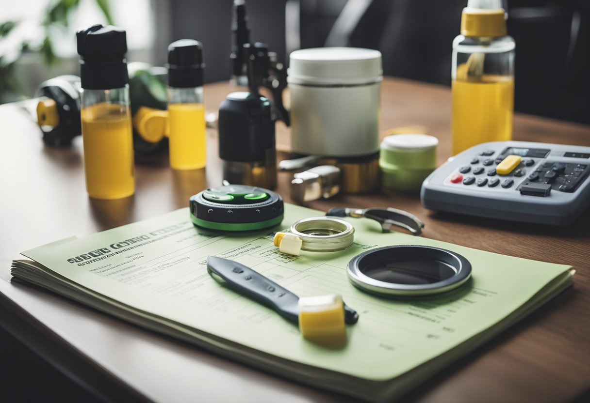 A table with various pest control products and safety equipment, surrounded by a checklist and guidelines for their safe and effective use