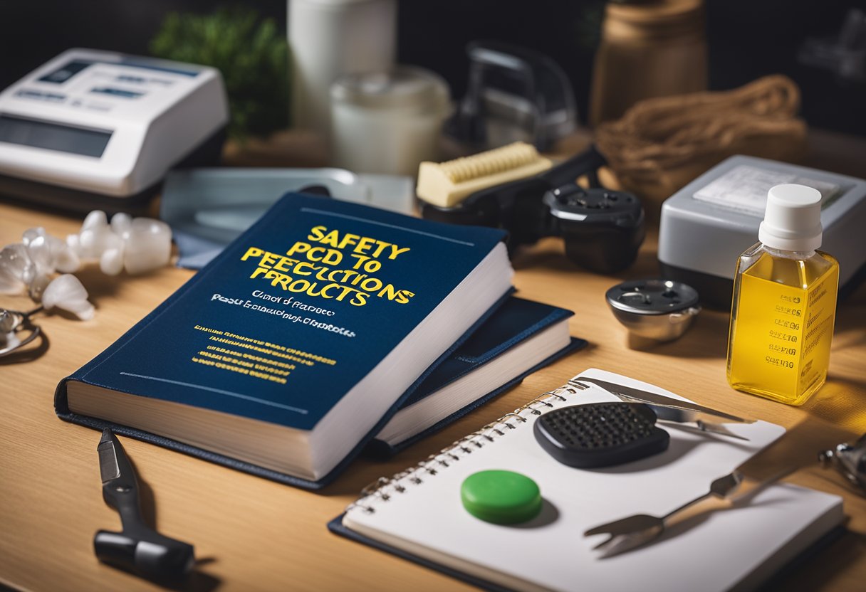 A guidebook laying open on a table, surrounded by various pest control products and tools. The title "Safety Precautions: Guide to Safe and Effective Use of Pest Control Products" is prominently displayed