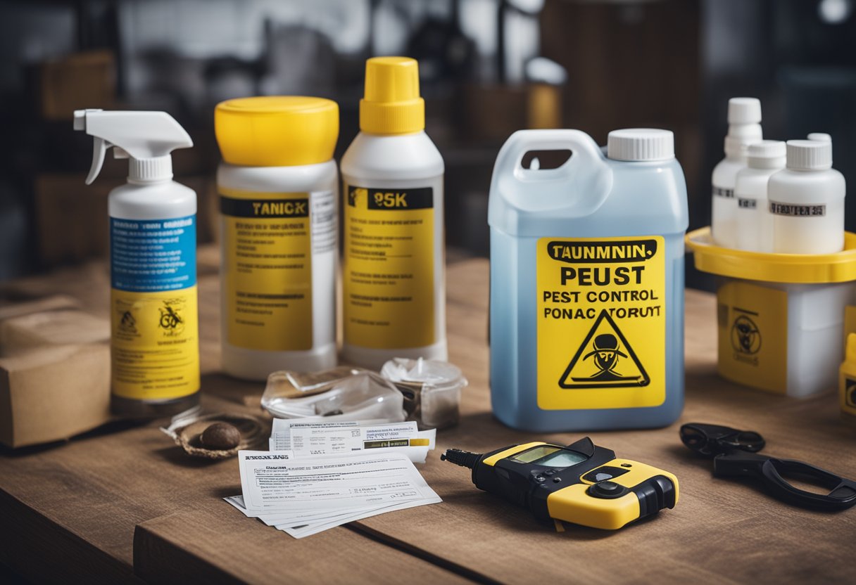 A table with labeled containers of pest control products and safety equipment, surrounded by warning signs and instructions