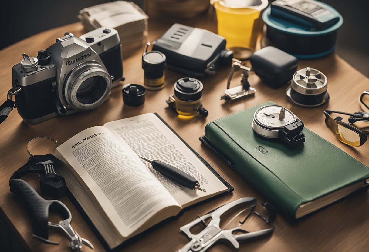 A guidebook lies open on a table, surrounded by various pest control tools and equipment. The room is well-lit and clean, with a focus on safety and effectiveness