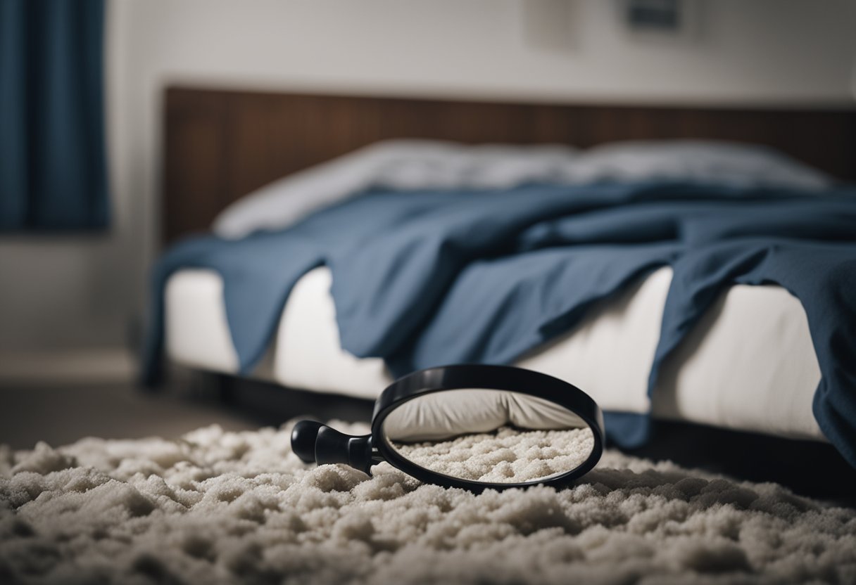 A bedroom with a messy bed, dark spots on the mattress, and discarded clothing on the floor. A magnifying glass reveals small bugs crawling in the seams of the mattress