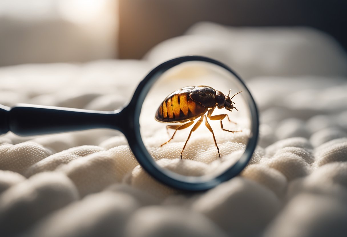 A magnifying glass hovers over a bed, revealing tiny bed bugs and eggs hidden in the seams of the mattress