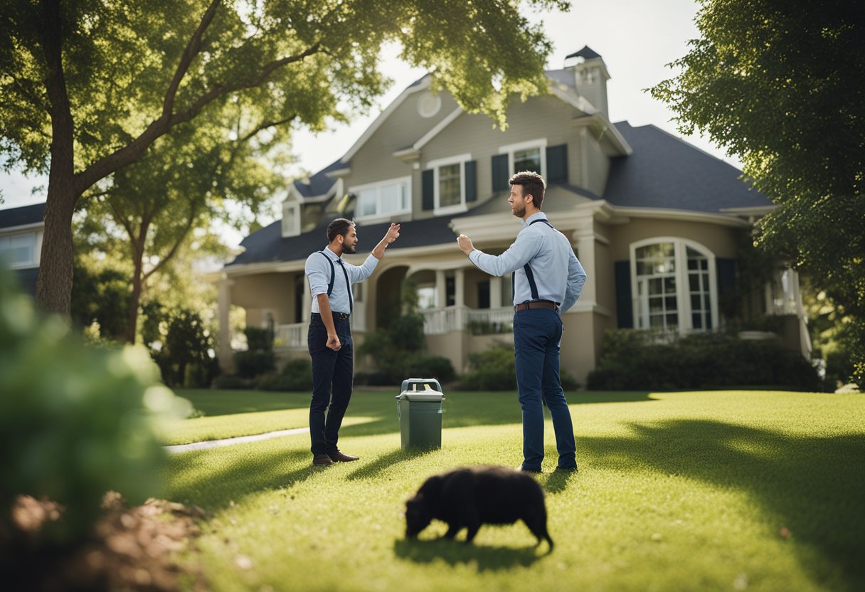 A homeowner points to a pest-infested area while a professional pest control technician assesses the situation