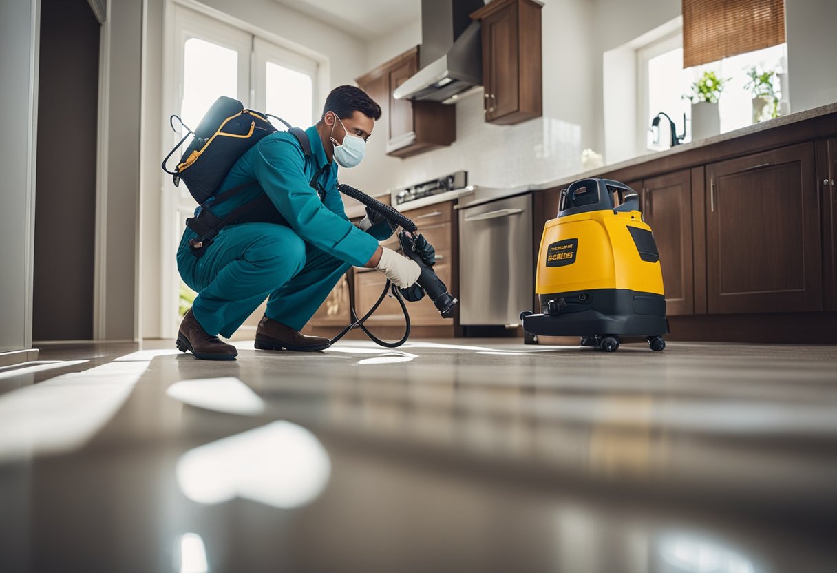 A professional pest control technician inspecting a home for infestations, using tools and equipment to identify and address pest problems