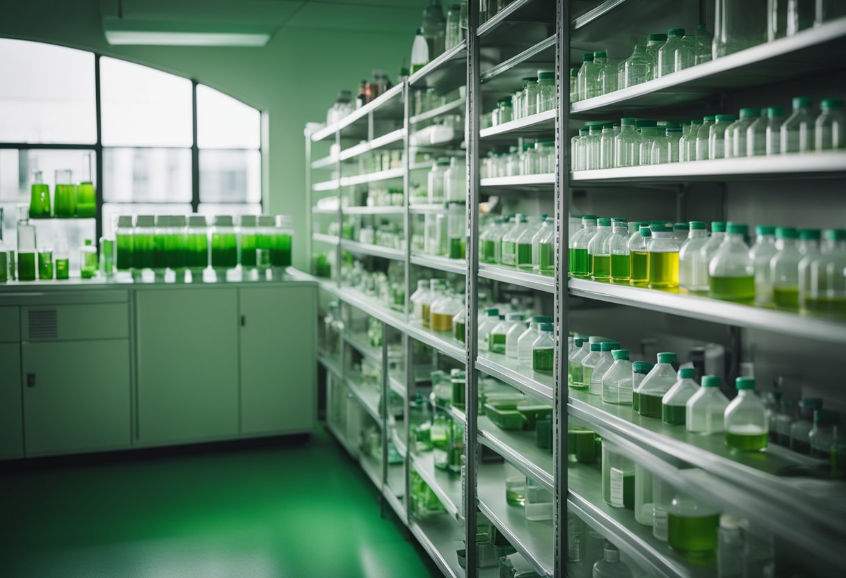 A laboratory with shelves of chemical pesticides transitioning to shelves of green alternatives