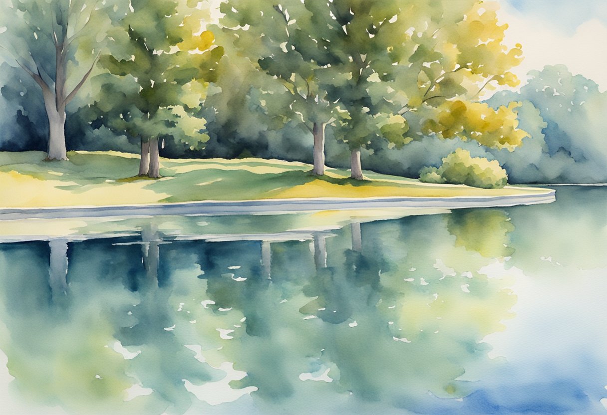 A pool cover floats on the calm water, reflecting the surrounding trees and sky. The edges of the cover ripple slightly in the breeze