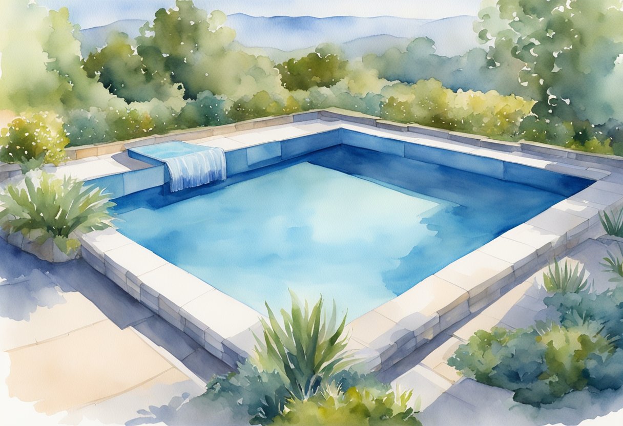 A pool cover sits tautly over a sparkling blue pool, providing protection from debris and retaining heat, saving on maintenance and energy costs