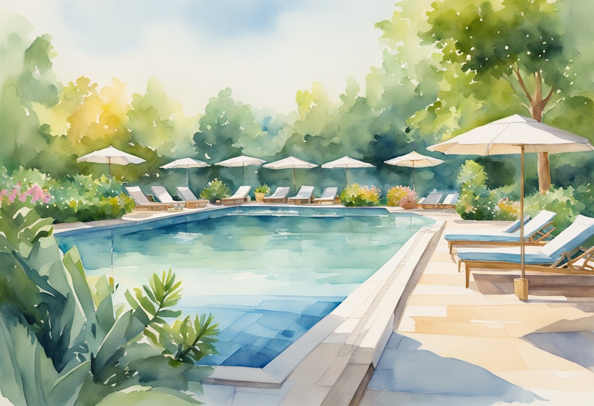 A sparkling swimming pool under the bright sun, surrounded by lounge chairs and umbrellas, with lush greenery in the background