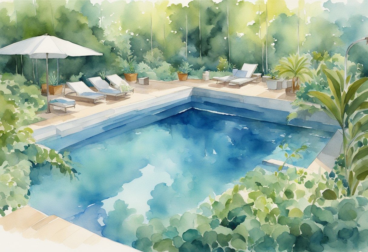 A sparkling blue swimming pool surrounded by lush greenery, with a cover being installed by workers