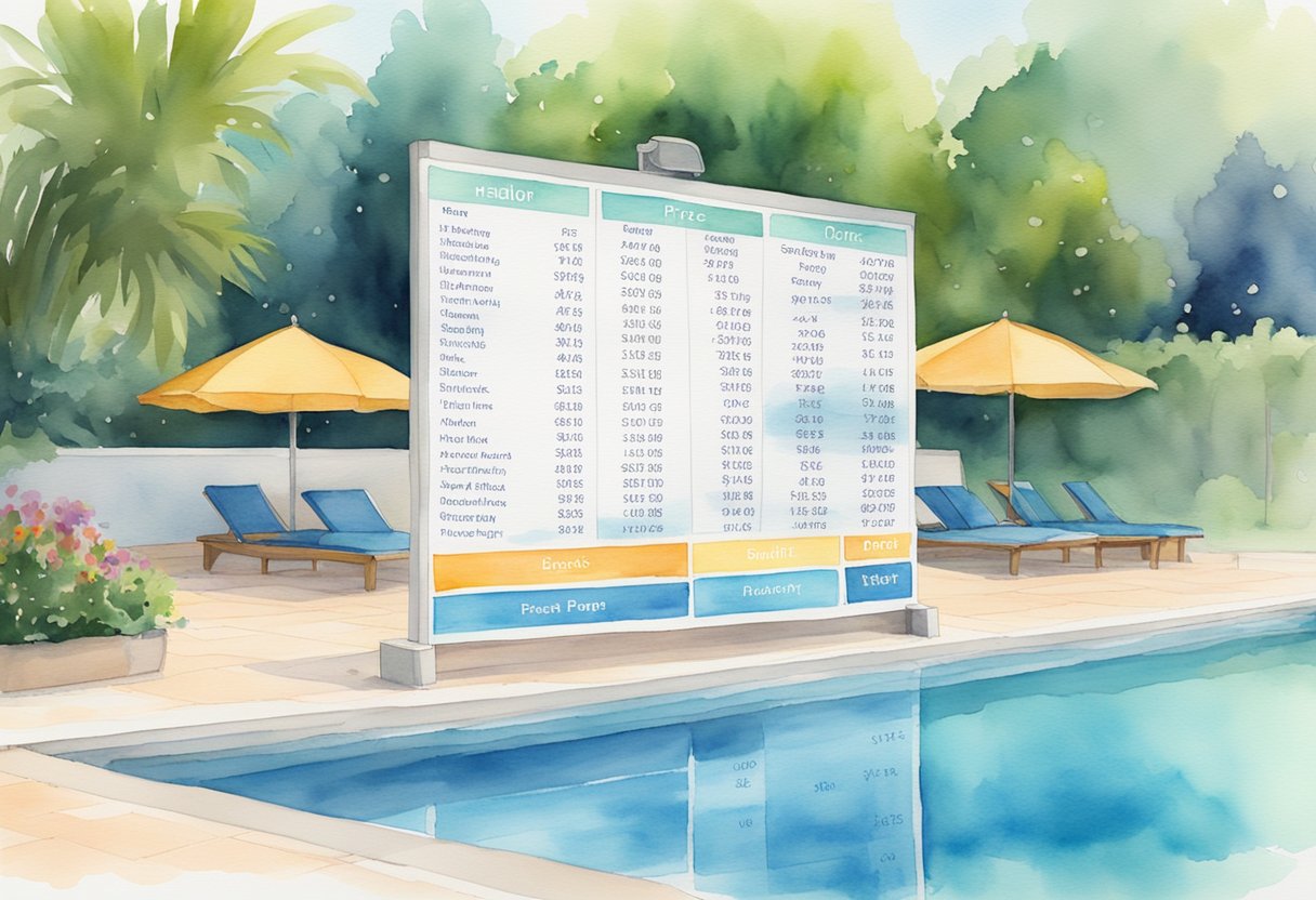 A price list displayed next to a swimming pool cover. Various options and their corresponding prices are clearly listed