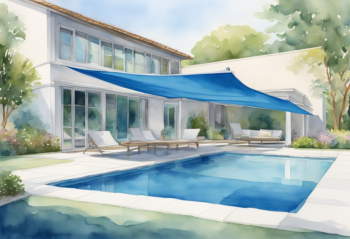 A pool cover lies flat over a clear blue swimming pool, with a roller mechanism at one end. The cover is made of durable material and has a sleek, modern design
