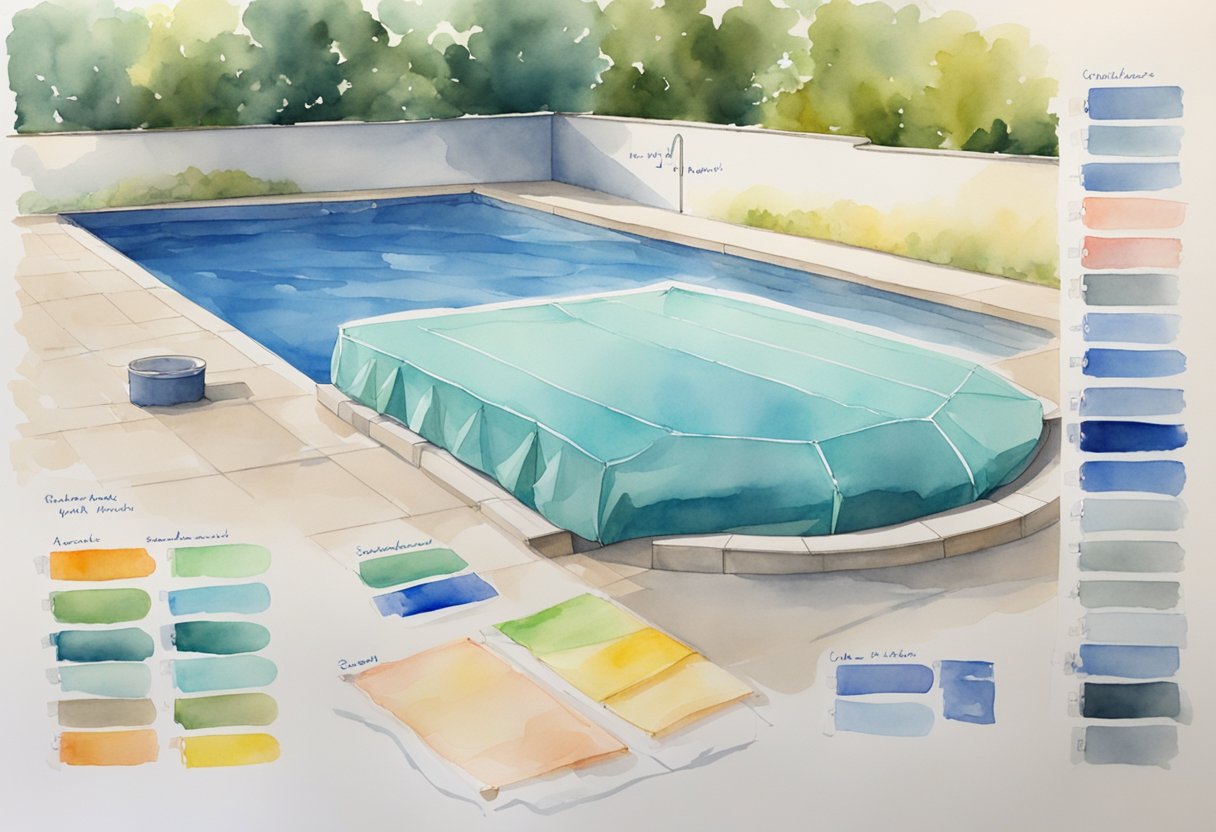 A pool cover displayed with various price tags. Considerations such as material, size, and features are highlighted