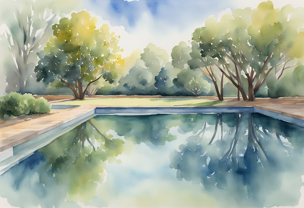 A pool cover in Pretoria floats on the water's surface, reflecting the surrounding trees and sky