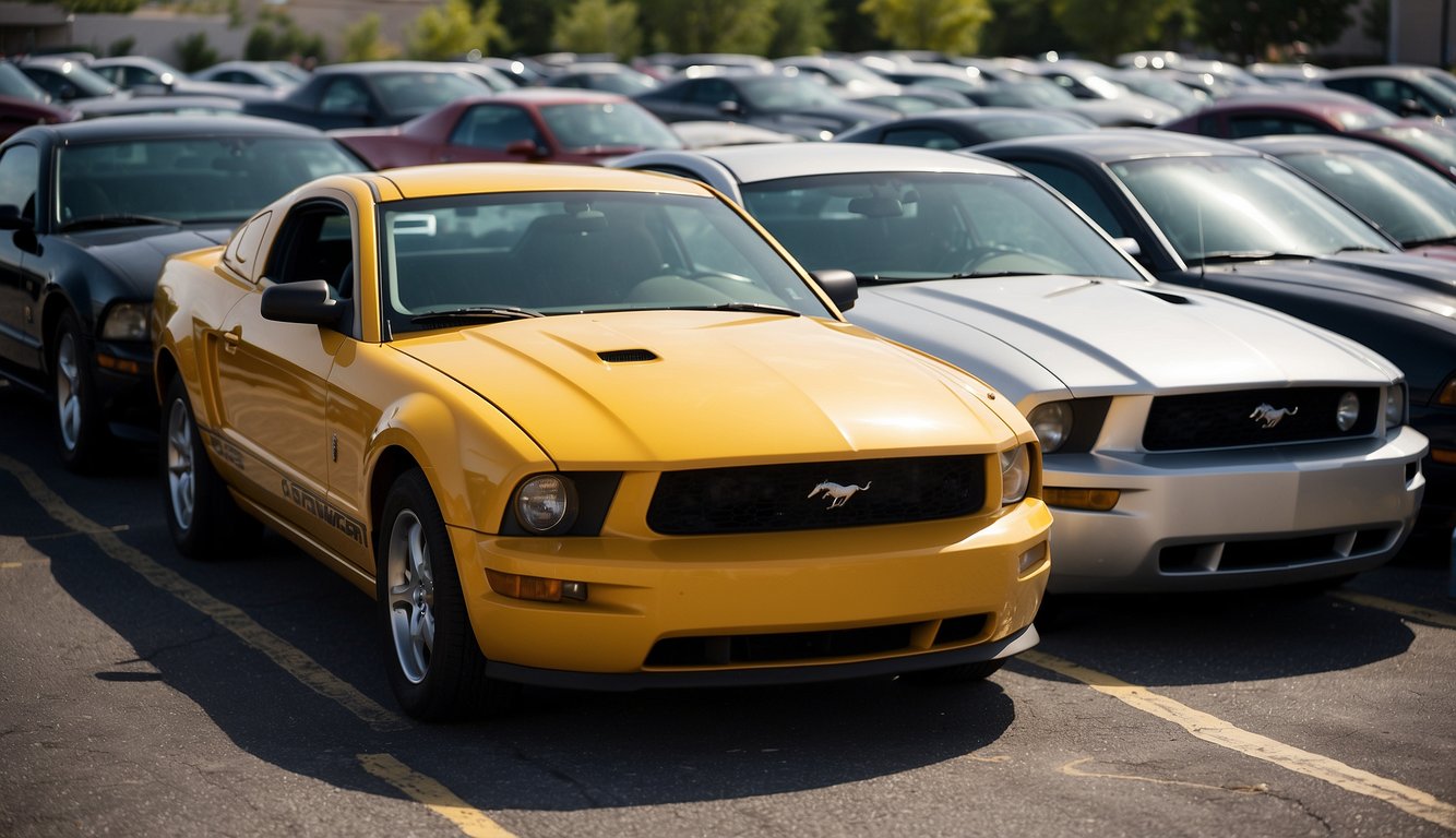A lineup of 2005-2008 Ford Mustangs