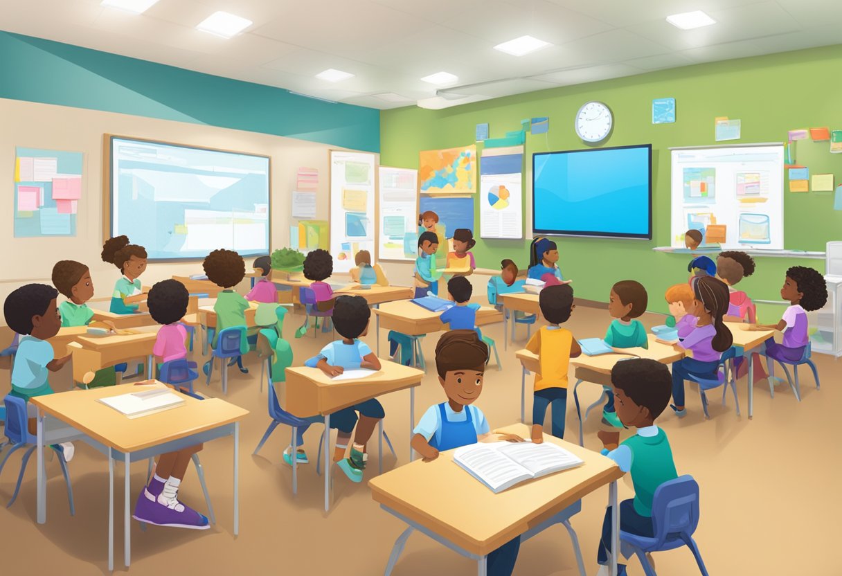 A classroom setting with various hands-on activities and interactive learning experiences, such as group projects, experiments, and real-world simulations, showcasing the application of Kolb's Experiential Learning Theory in primary education