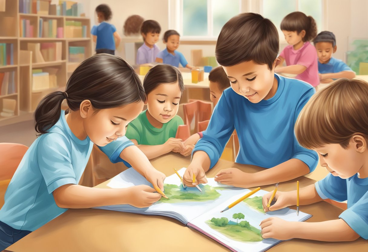 A group of children actively engage in hands-on activities, reflecting on their experiences and applying new knowledge in a primary education setting