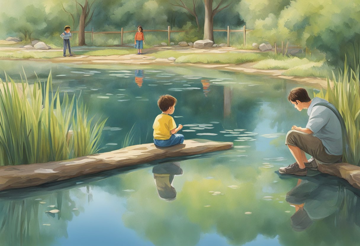 A child observes a pond, reflecting on their experience, while a teacher guides and encourages their exploration and learning
