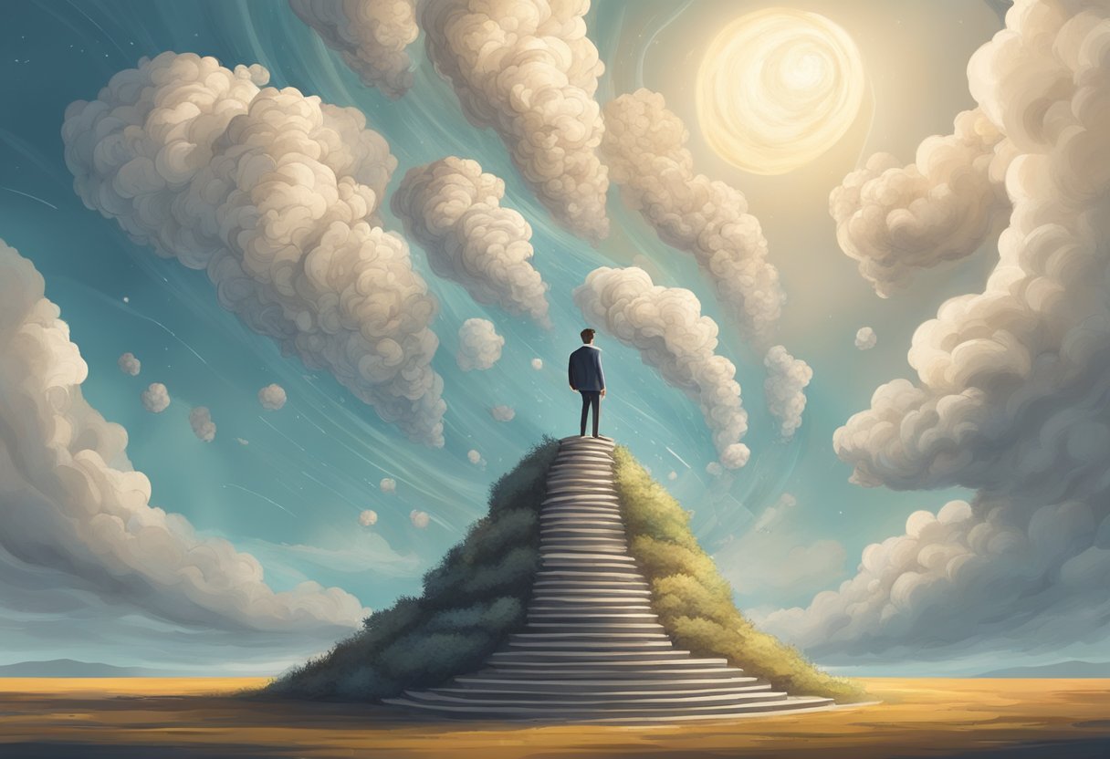 A student stands before a towering goal, surrounded by swirling thoughts and emotions. The weight of commitment and the drive for achievement are palpable in the air