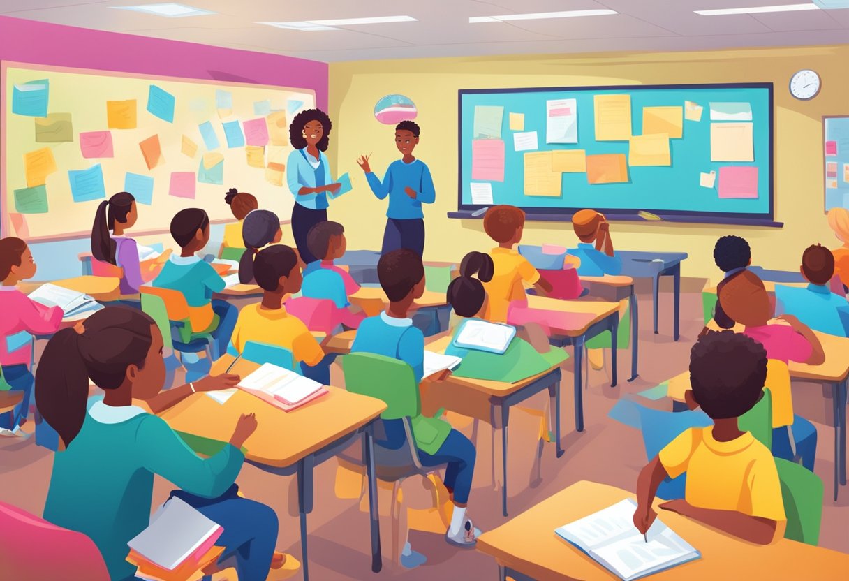 A classroom with students engaged in goal-setting activities, surrounded by educational reform materials and resources. Bright colors and positive imagery convey motivation and achievement