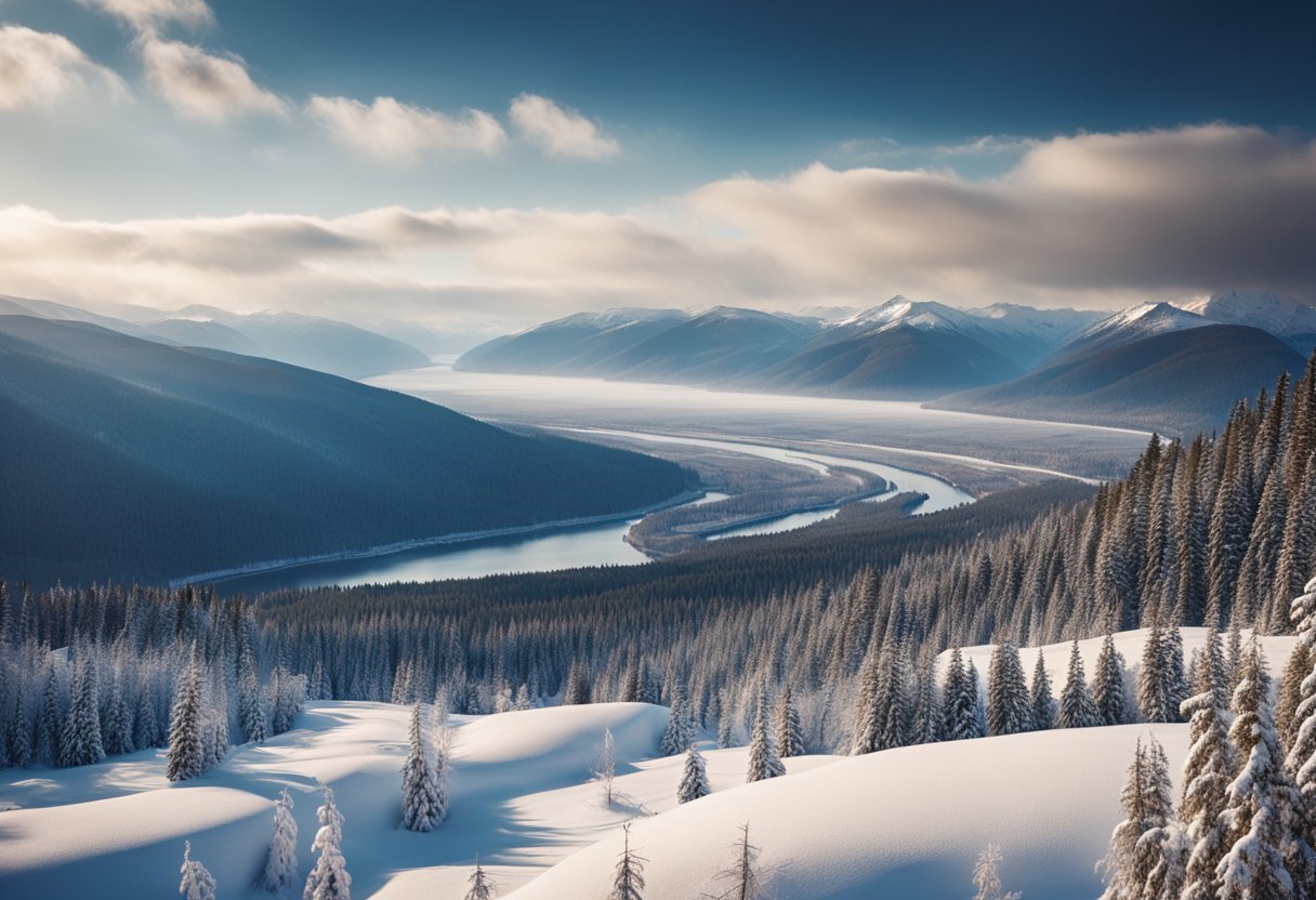 A vast Siberian landscape with snow-covered forests, a winding river, and distant mountains under a dramatic sky