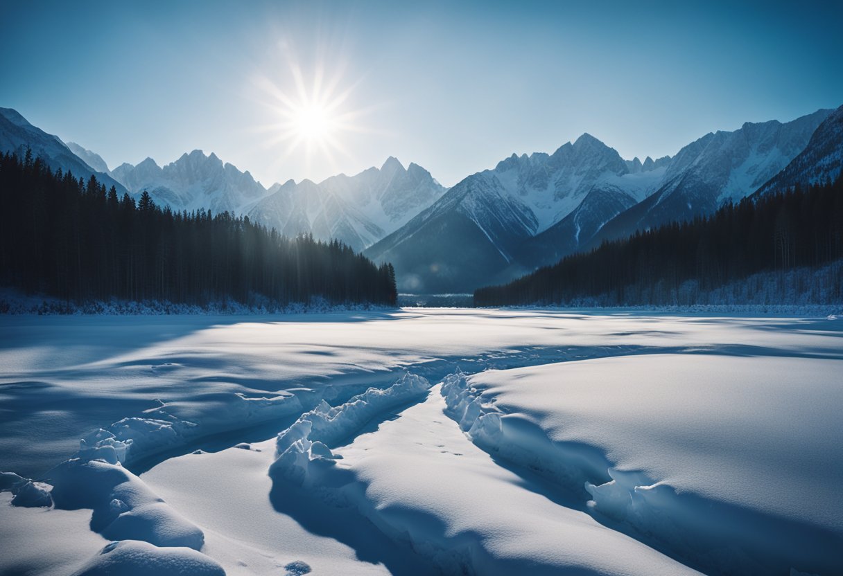 A vast, snow-covered Siberian landscape with towering mountains, frozen rivers, and small villages nestled among the trees. The sky is a deep, cold blue, and the air is still and quiet