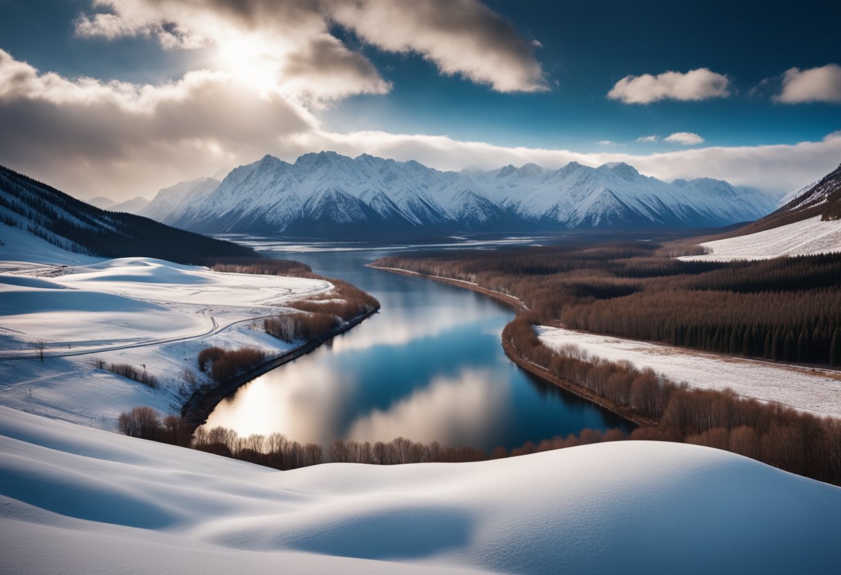 A vast Siberian landscape stretches across the horizon, with snow-covered mountains in the distance and a winding river cutting through the rugged terrain. The sky is filled with dramatic clouds, creating a sense of grandeur and isolation