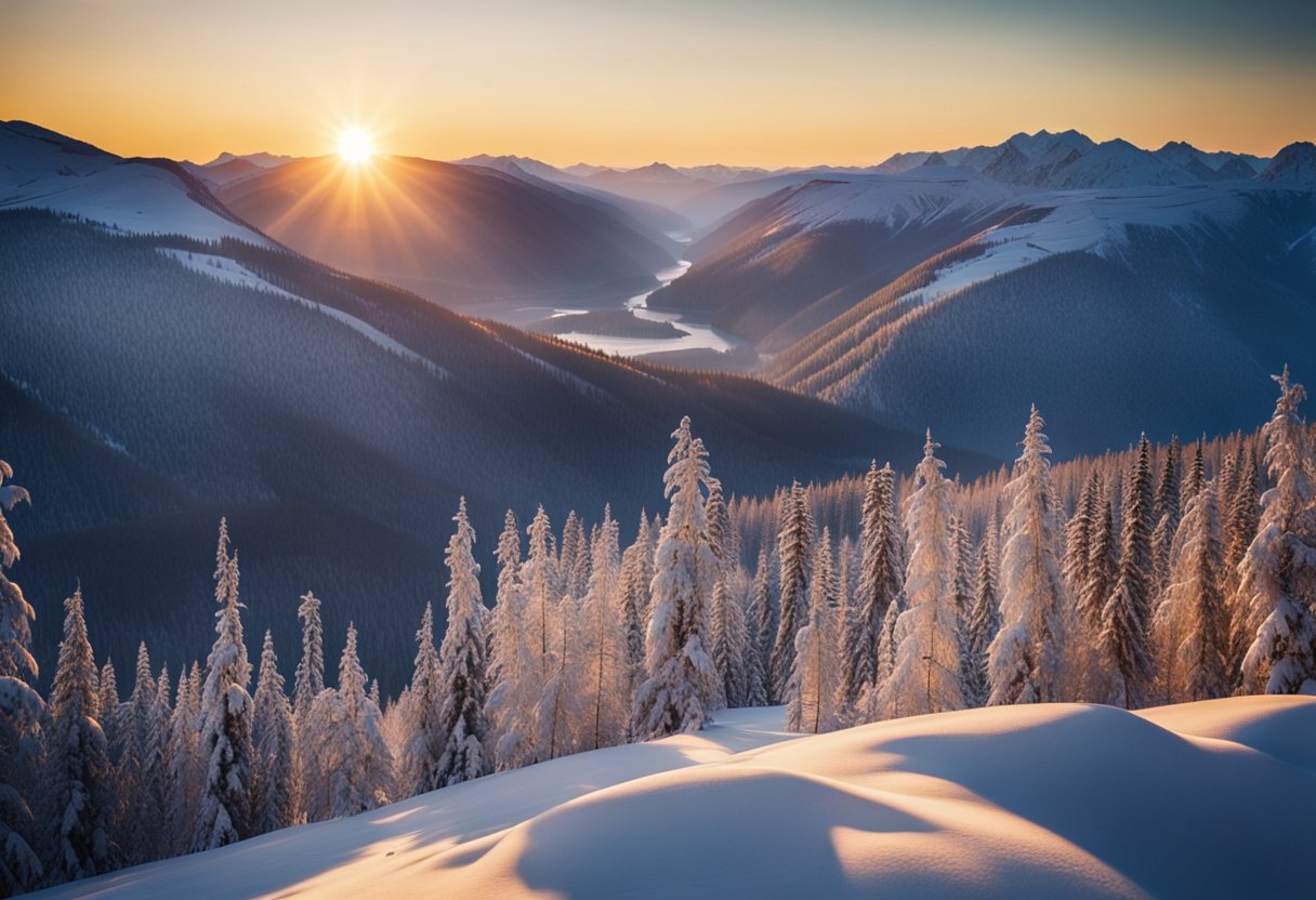 The vast Siberian landscape unfolds, with snow-covered forests and icy rivers stretching into the distance. The sun sets behind towering mountains, casting a warm glow over the rugged terrain