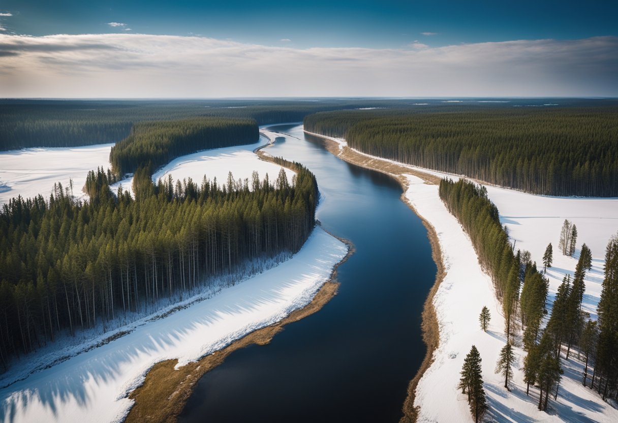 The vast Siberian landscape stretches out under a dramatic sky, with snow-covered forests and a winding river. The scene is both serene and imposing, capturing the epic scope of Konchalovsky's masterpiece