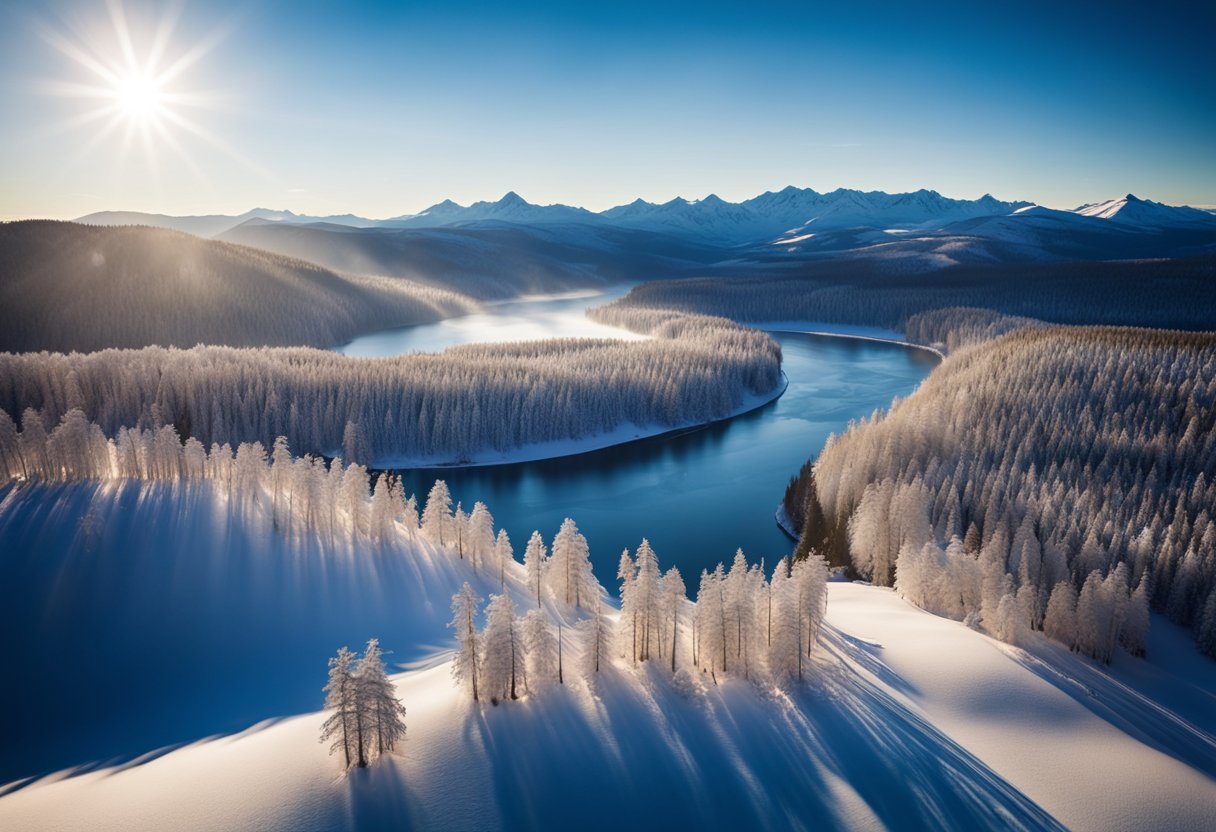 A vast Siberian landscape with snow-covered forests, a winding river, and small wooden villages nestled among the trees. The sky is a deep blue, with wisps of clouds and the sun casting long shadows