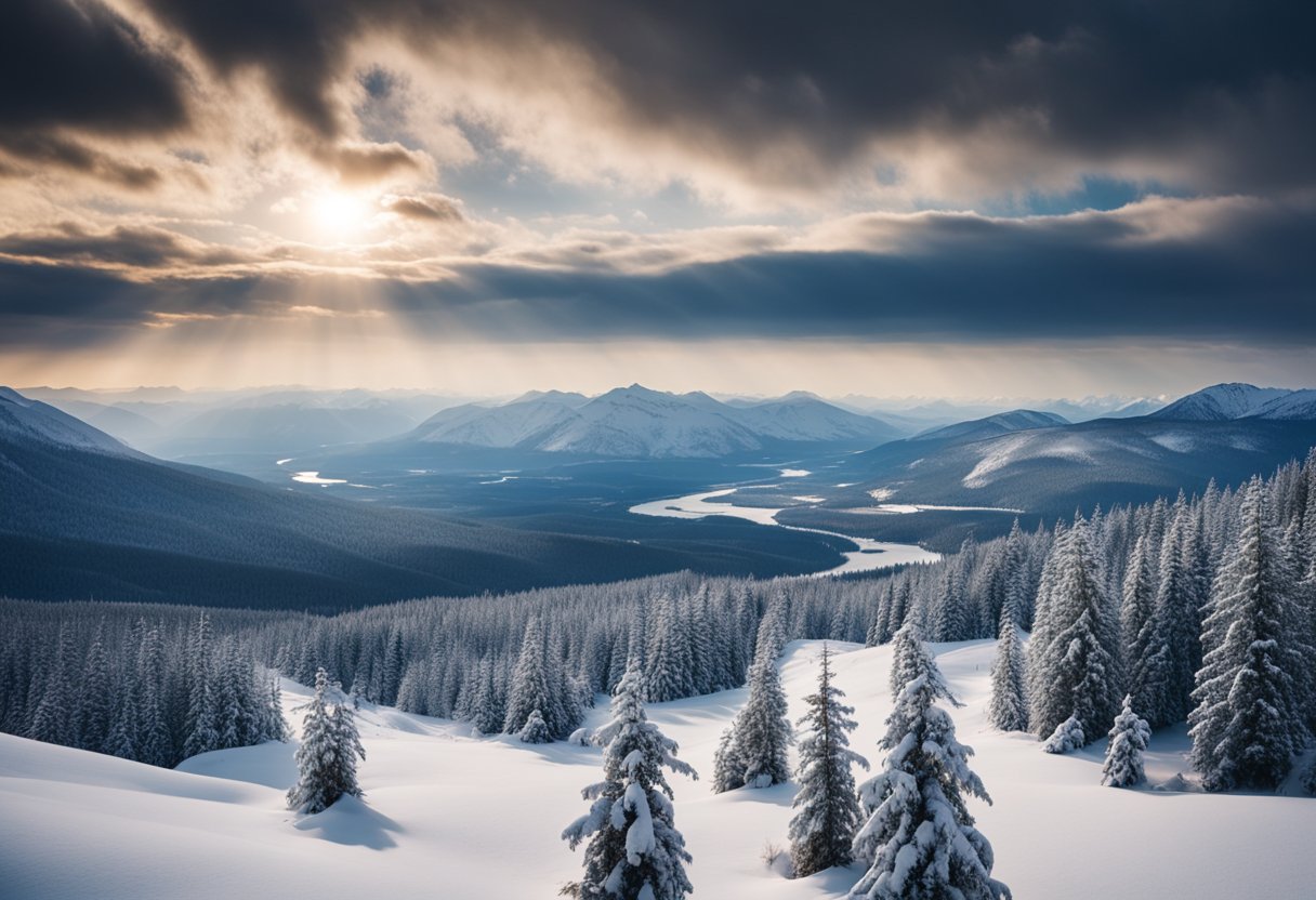 A vast Siberian landscape with snow-covered forests, a winding river, and distant mountains under a dramatic sky