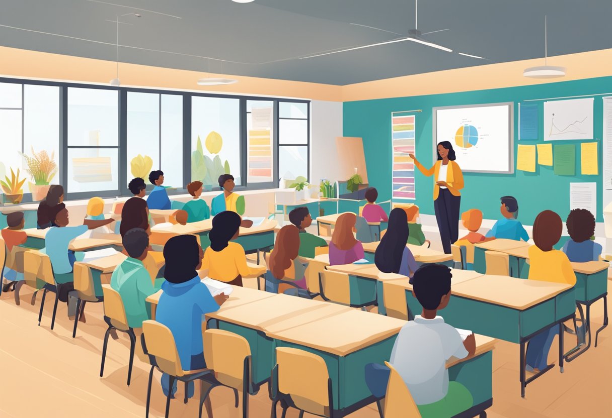 A classroom with diverse learning materials, engaged students, and a supportive teacher facilitating discussions and activities
