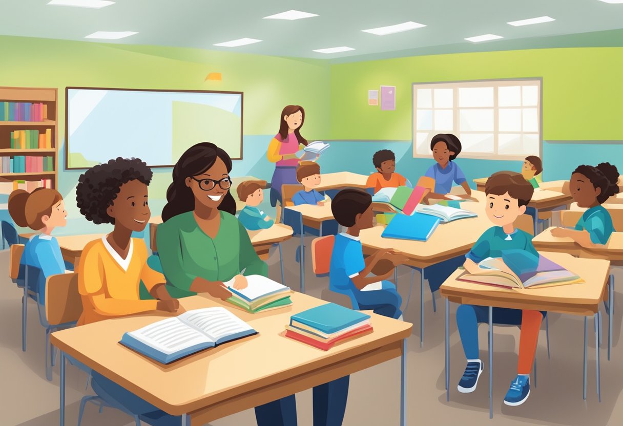 A classroom setting with teachers and parents collaborating to support and understand gifted students. Books, educational materials, and open communication convey a supportive environment