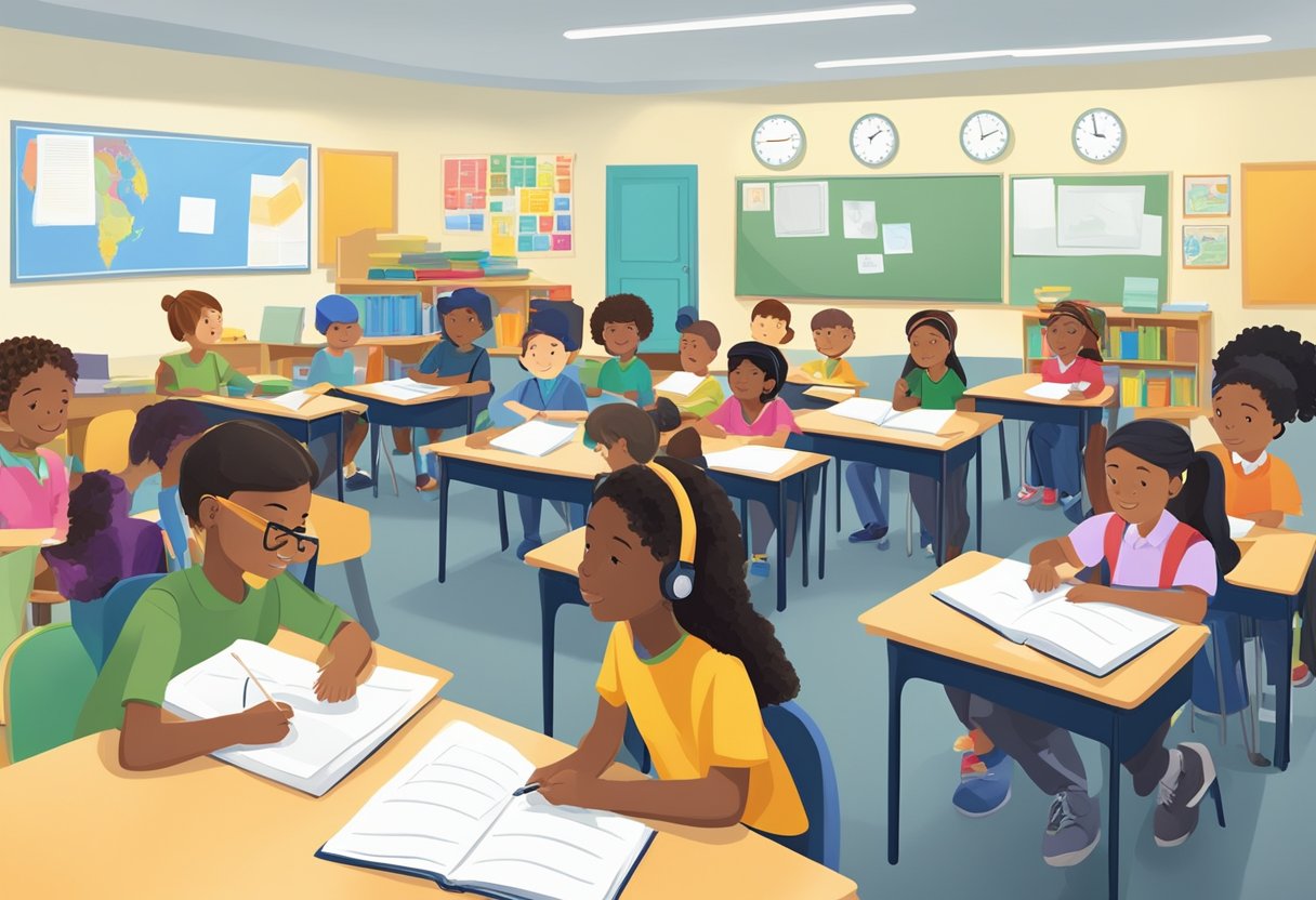 A classroom filled with diverse learners, some engaged in independent projects while others participate in group discussions. The teacher provides differentiated instruction to support the unique needs of gifted students