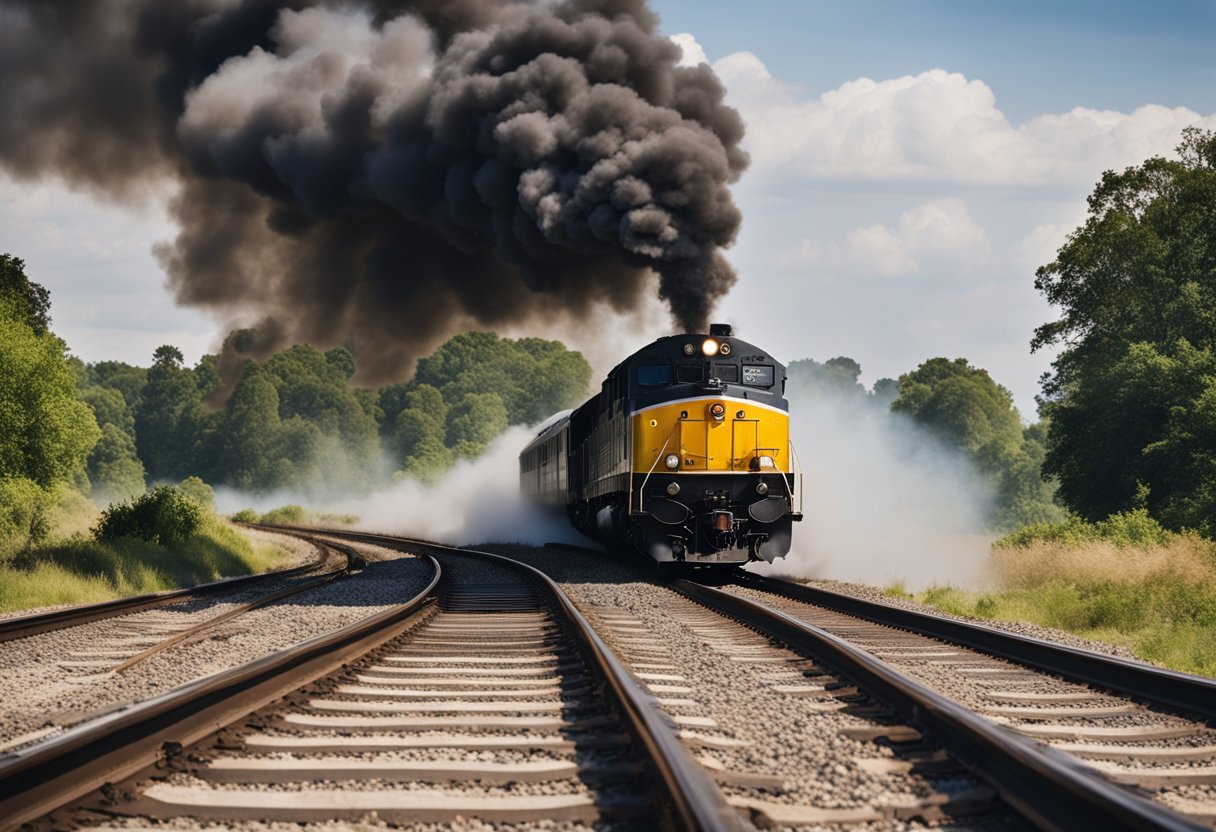 A speeding train hurtles down the tracks, smoke billowing from its engine. The landscape blurs past as the train barrels toward an uncertain fate