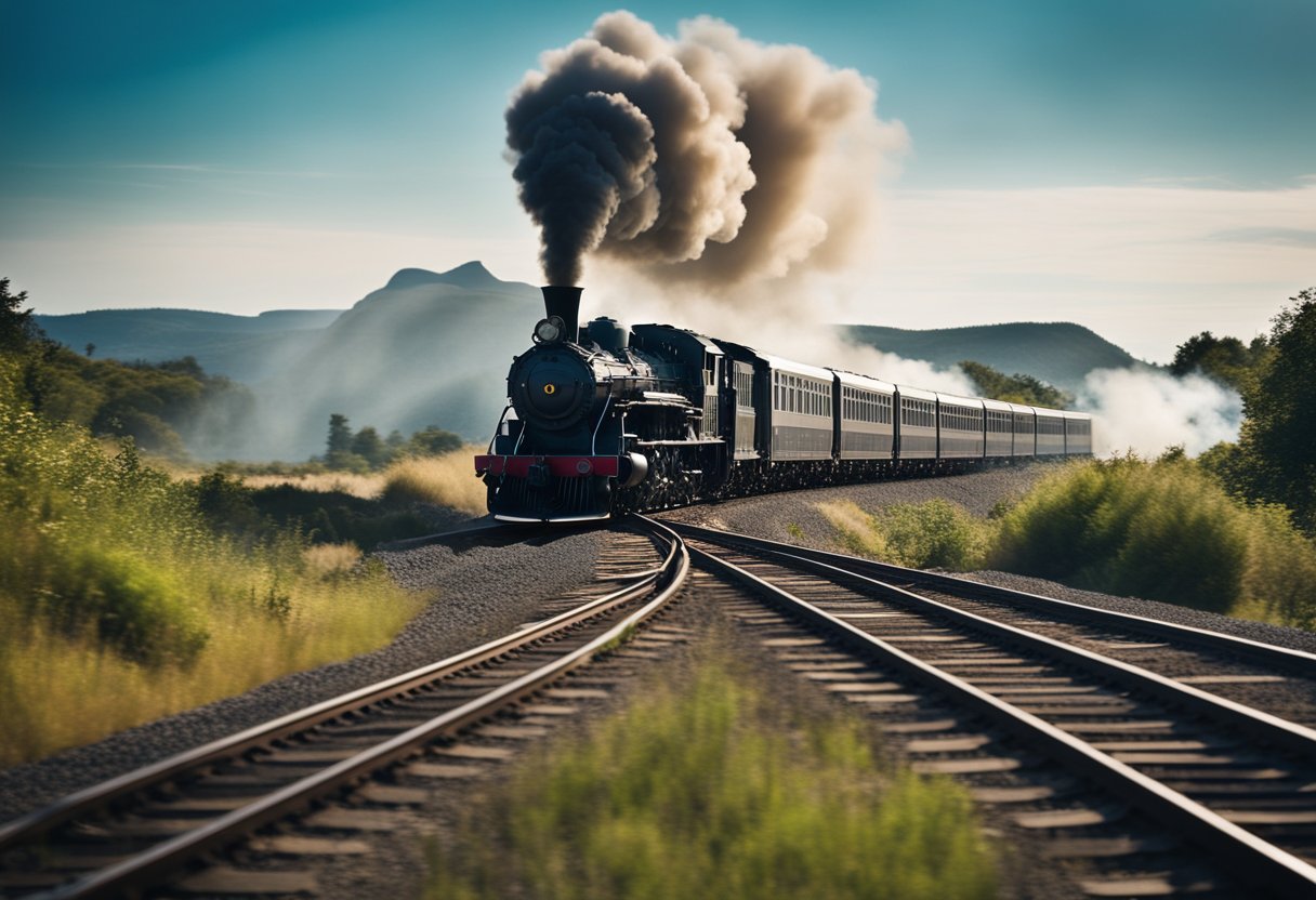 A speeding train hurtles down the tracks, smoke billowing from its engine. The landscape whizzes by in a blur as the train barrels towards an uncertain fate