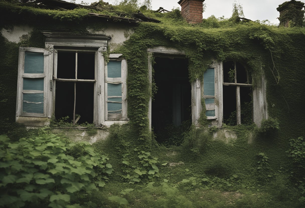 A dilapidated house with crooked windows and overgrown vines, surrounded by a desolate landscape, evoking a sense of isolation and madness