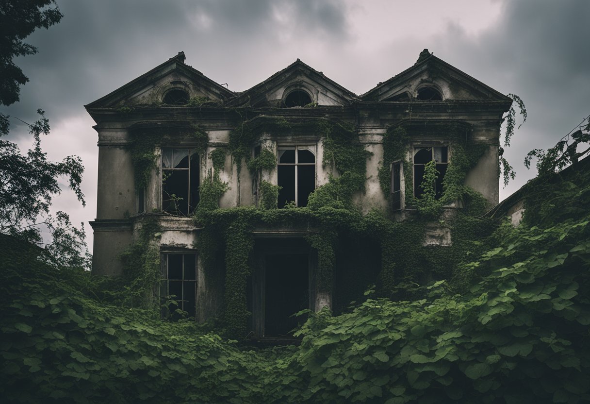 A dilapidated asylum, overgrown with vines, stands against a gloomy sky. Broken windows and peeling paint reveal the neglect within