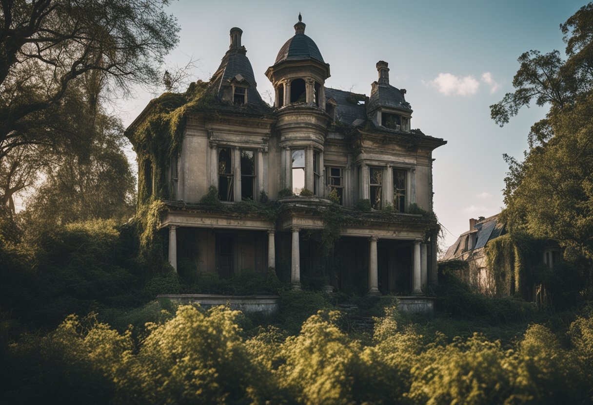 A dilapidated mansion looms over a barren landscape, its windows boarded up and its facade crumbling. The overgrown garden is littered with forgotten trinkets and broken statues, hinting at the madness that once inhabited the house